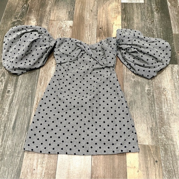 Eggie Delilah Gray Polka Dot Off Shoulder Puff Sleeve Mini Dress Wool Blend S - Picture 2 of 10